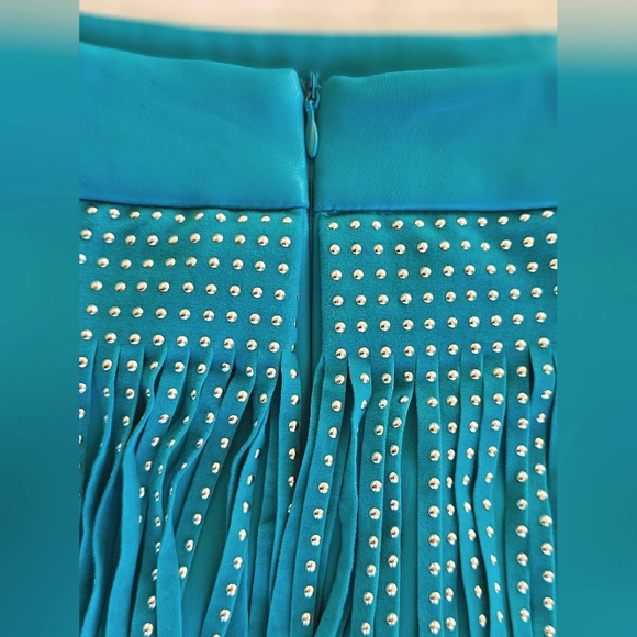 Sincerely Jules Turquoise Blue Faux Leather Studded Suede Fringe Western Skirt - Picture 10 of 10